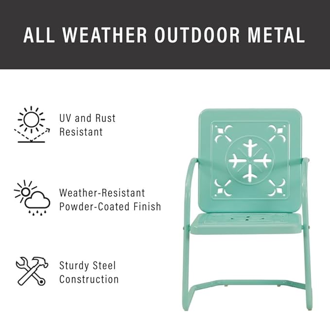 Crosley Furniture Azalea 2-Piece Outdoor Chair Set, Vintage Retro Metal Patio Chairs for Dining, Porch, Deck, Aqua Gloss