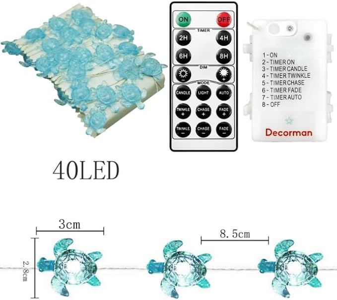 Decorman Sea Turtle Decorative String Lights, 14ft 40 LED 8 Modes Cool White Weatherproof Battery Operated Ocean Theme Lights for Bedrooms Parties Weddings Gardens with Remote and Timer