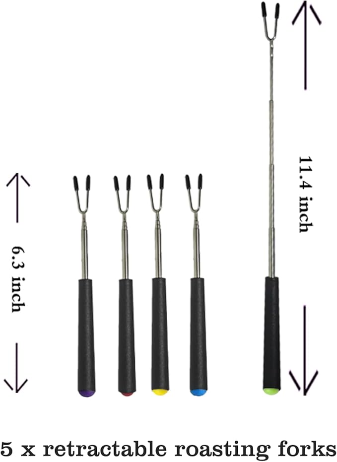 Telescoping Forks Smores Sticks for Fire Pit, 5 pcs S’mores Roasting Sticks for Camping, 6.3-11.4 Inch (5, 6.3-11.4 Inch)