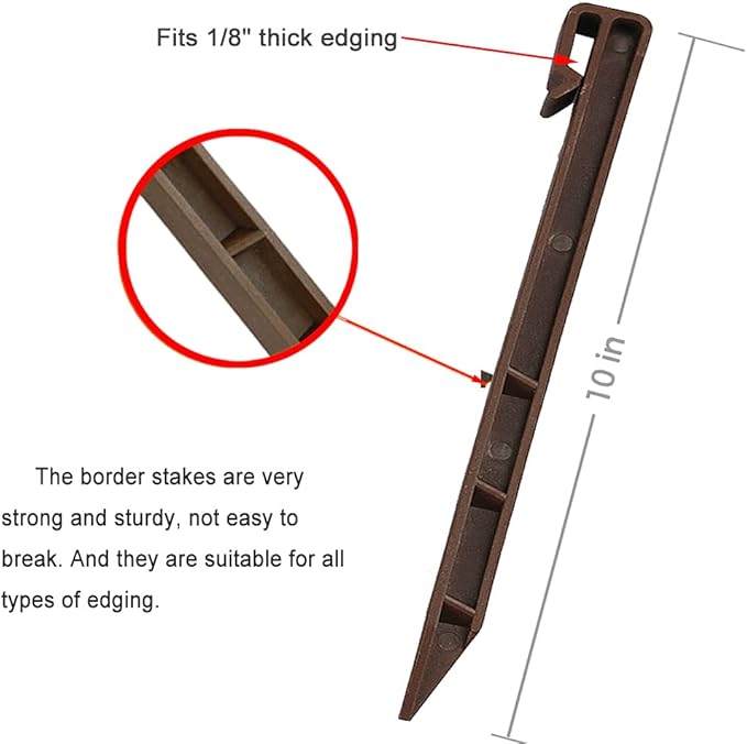 50 PCS Brown Landscape Edging Garden Stakes, 10 Inch Landscaping Anchoring Spikes Heavy Duty Plastic Garden Ground Netting Stakes Brown for Edging & Garden