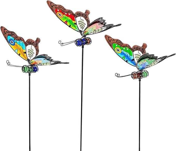 Butterfly Garden Decor for Outside,3 Pack Garden Stakes Decorative Stained Glass Butterfly Decoration Porch Yard Art Outdoor and Garden