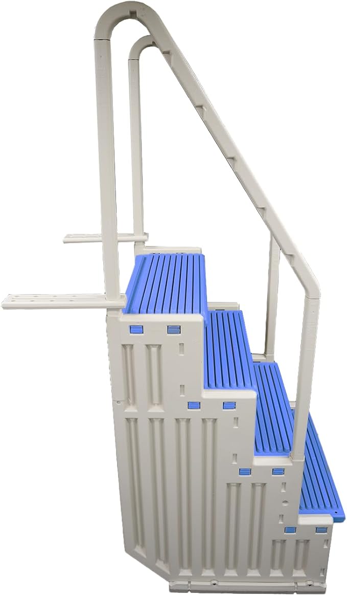 Confer Plastics Step-1X Above Ground Pool Entry System – Dual Handrails, Slip-Resistant Steps, Supports 400 lbs, Easy Installation, Warm Grey with Blue Treads, Made in USA