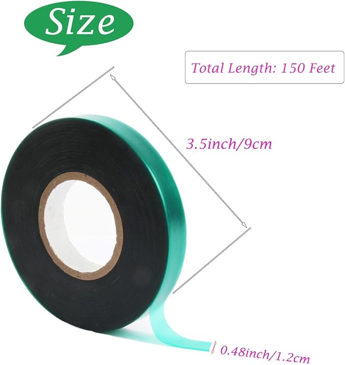 Stretch Tie Tape, 1/2" Garden Tie Tape Roll, 2 Rolls 300 Feet Thick Plant Ribbon Green Vinyl Stake for Indoor Outdoor Patio Plants Branches Flowers