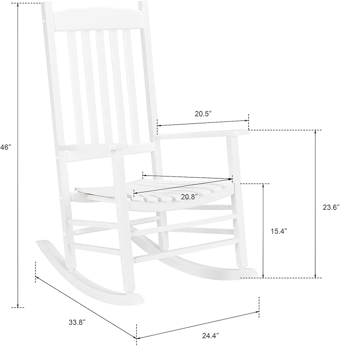 VINGLI Classic Wooden Rocking Chair with Handcrafted Comfort, Eco-Friendly and Durable Rocking Chair, Elegant and Stable Rocker for Indoor and Outdoor Use, White