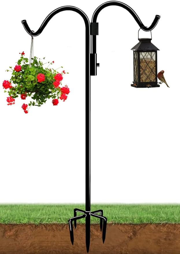 76 Inch Double Shepherds Hook for Outdoor with 5 Prong Base, Adjustable Heavy Duty Bird Feeder Pole for Hanging Flower Basket, Plant Hanger, Solar Light Lanterns, Black