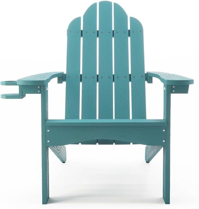 LUE BONA HDPS Adirondack Chairs Set of 2, Fire Pit Outdoor Chair Weather Resistant with Cup Holder, Modern Plastic Chair Plastic for Patio, Deck, Proch, 350LBS, Blue Turquoise