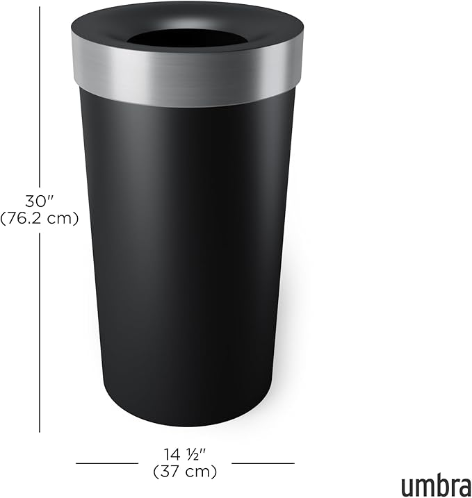 Umbra Vento Kitchen Trash Can with Open Top, Large 16-Gallon (62 L) Capacity, Black/Nickel