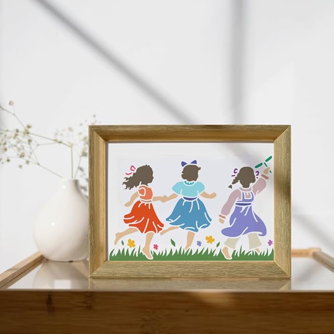 MAYJOYDIY Women's Playing On The Grass Stencil 11.7x8.3in 6 Dress Stencil Reusable Balloon Run Drawing Template With Paint Brush For Art Crafts Canvas Furniture