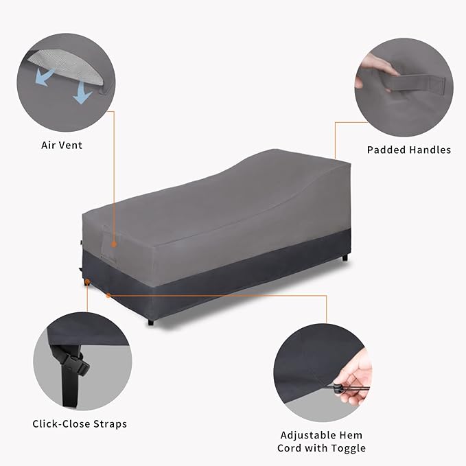 Easy-Going Waterproof Outdoor Chaise Lounge Cover, Heavy Duty Patio Lounge Chair Cover, Windproof Outdoor Furniture Cover with Air Vent 2 Pack-84Wx34Dx32H inch, Gray/Dark Gray