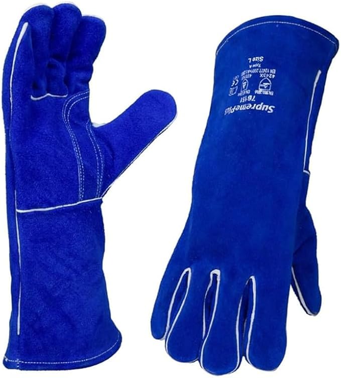Blue Split Cowhide Welding Gloves - Shield Hands with Best Heat Resistant Welders Glove for Men & Women