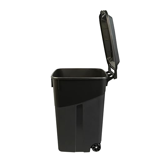 45-Gallon Heavy-Duty Wheeled Trash Can with Attached Lid, Black, Outdoor Garbage Bin