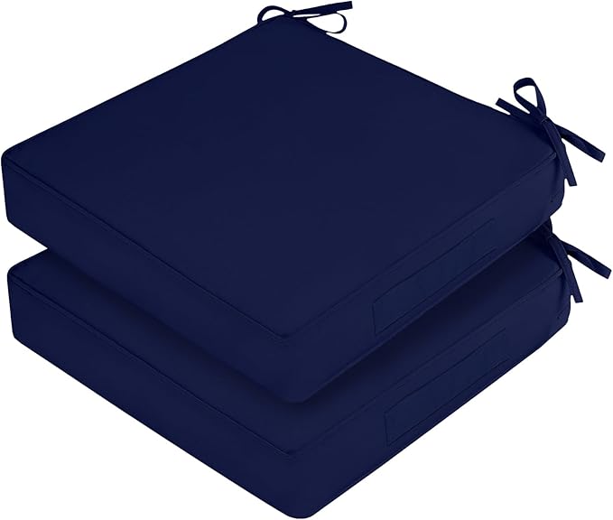 Waterproof Outdoor Chair Cushions Set of 2, Square Outdoor Seat Cushions with Ties and Removable Covers, 22 x 22 Outdoor Cushions for Patio Furniture with Portable Handle(Navy)