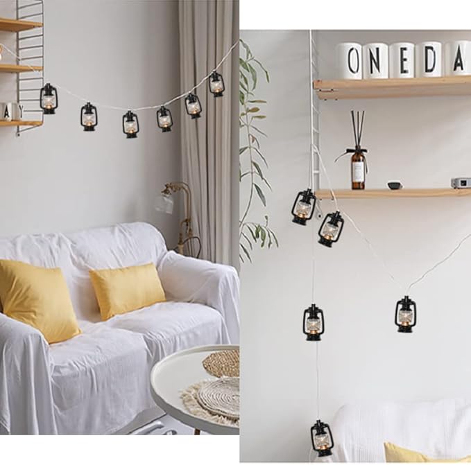 8.5Ft Black Mini Kerosene String Lights, Vintage Fairy Decorative Lights with 10 Mini Black Kerosene Lights, Connectable Outdoor Lantern Christmas Light for Bedroom Camping Wedding Garden Holiday