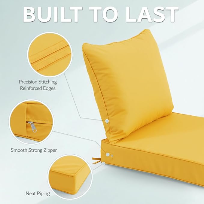 22x22 Inch Patio Chair Cushions Set of 4, Outdoor Furniture Cushions - Removable Cover, Water-Repellent, Fade-Resistant, Non-Slip Bottom & Straps, Replacement for Lawn, Porch & Deck Chair - Yellow