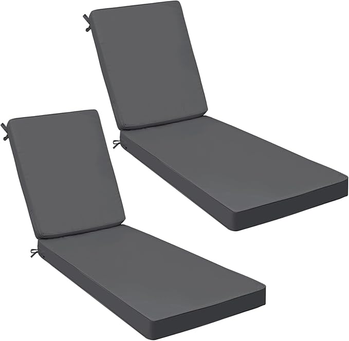 AAAAAcessories Outdoor Chaise Lounge Cushions, Fade-Resistant, Waterproof Patio Furniture Replacement Cushions, 74" x 23" x 3", Set of 2, Dark Gray