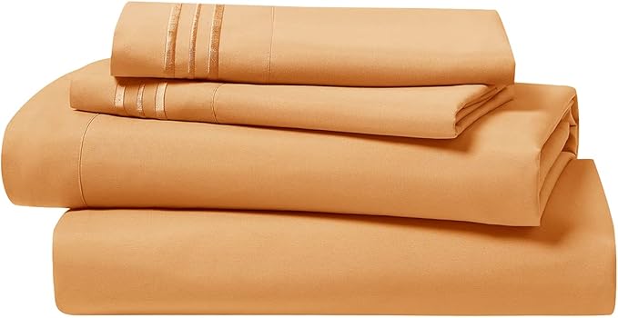 Clara Clark Bed Sheets, Premier 1800 Series 4 Piece Bed Sheet Set, Deep Pocket, Wrinkle, Fade, Stain Resistant, Luxury Soft Bedding Sheets & Pillowcases, Twin-XL, Apricot Orange