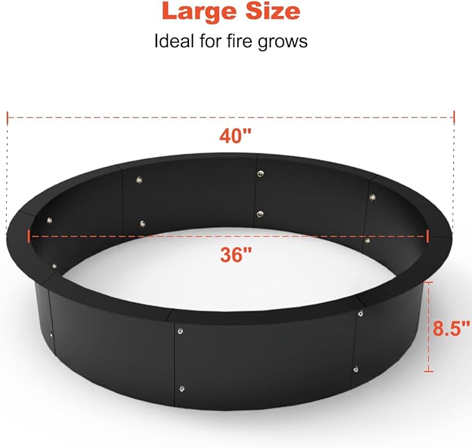 Koutemie Outdoor Fire Pit Ring Liner 40-Inch Outer/36-Inch Inner Diameter, Heavy Duty Solid Metal Steel Round Firepit Rim Insert for Outside DIY Campfire Ring Above or In-Ground, Black