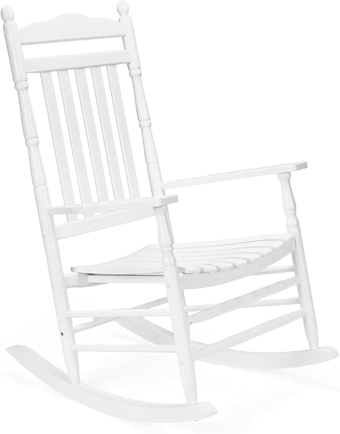 VINGLI Wooden Rocking Chair, Outdoor Chair with 450 lbs Support, Relaxing Rocker with Solid Wood High Back Seat Reclining Seat for Deck, Garden, Backyard, Porch, Indoor or Outdoor Use, White
