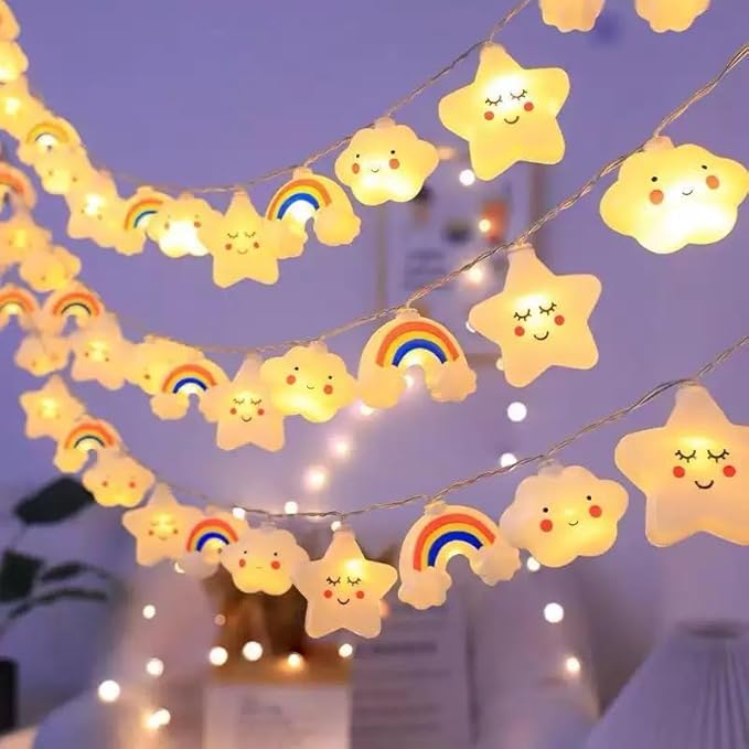 Star Cloud Rainbow Fairy Lights 9.8FT 20 LED Lights with Battery Operated Warm White Fairy String Lights for Holiday Party Bedroom Wedding Garden Decoration (Stars Clouds Rainbows, 9.8FT)