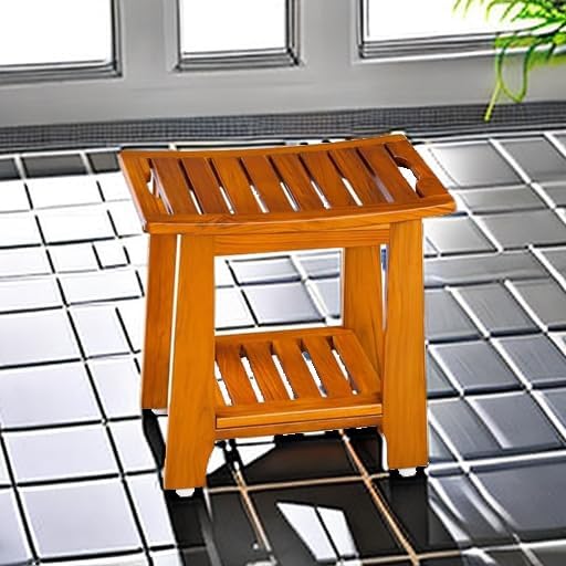 18" Standard Teak Shower Bench with Shelf & Handle - Waterproof, Non-Slip Bath Stool, 300 lbs Capacity - Fits Standard Tubs/Showers & Outdoor Use (Patented)