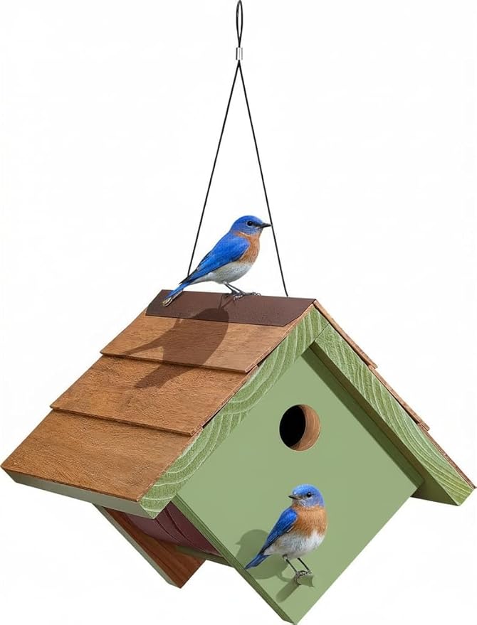 Large Cedar Bluebird House for Outside - Bamboo Shingles Roof Birdhouse for Bluebirds - Weather Proof Metal Protected - 13/16” Thickness Heavy Duty - Detachable and Easy Cleaning (1.5" Hole)