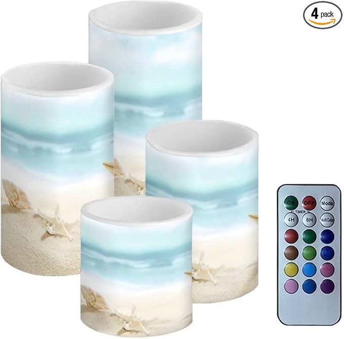 Beach Starfish Seashell Flameless LED Battery Candles 4 Pieces Pillar Fake Candles with Colored Light 4H 8H Timer Remote for Wedding Beach Party Coastal Room Decor