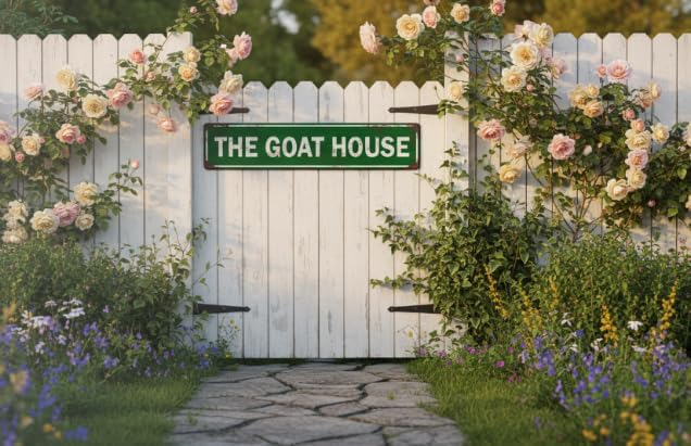 The Goat House Sign, Green Vintage Metal Farm Decor, 4x16 Inch Rustic Aluminum Sign for Goat Barn, Shed, Farmhouse Kitchen, Garden & Outdoor Animal Shelter