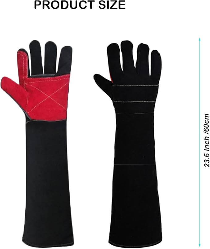 23.6" Inch Long Sleeves Welding Safety Gloves, Heat Resistant Stove Fire And Barbecue Gloves, Bite Proof Animal Handling(Black)