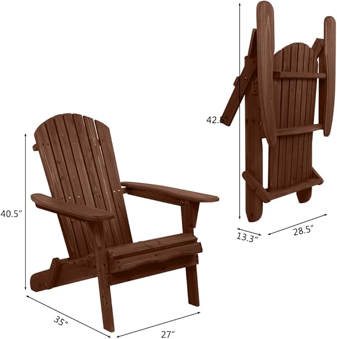 Outvita Wood Adirondack Chair, Folding Wooden Lounge Seating, All Weather Outdoor Furniture Chair with Armrest for Garden Fire Pit Yard Beach, 350 LB Support - Carbonized