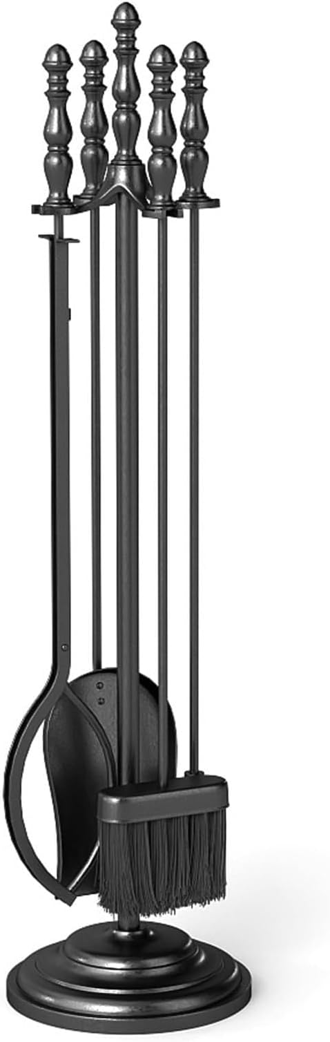 Tangkula 5-Pieces Fireplace Tool Set, 4-in-1 Indoor Outdoor Fire Place Set Tools with Poker, Tongs, Brush, Shovel and Round Stand, Metal Firepit Tool Set with Aluminum Handles, Black