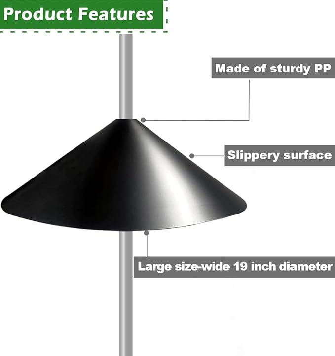 19 Inch PP Squirrel Proof Baffle for Protecting Outside Pole Bird Feeders and Bird Houses, Pole Mount Raccoon and Squirrel Guard Stopper for Shepherd Hooks - Black, 2 Pack