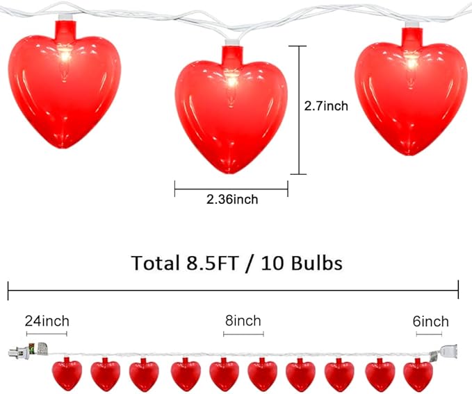 Valentines Day Decorations Lights, 8.5FT 10 LED Red Heart String Lights Plug in, Connectable Valentine's Day Fairy Lights for Wedding Indoor Room Outdoor Holiday Party Christmas Gift Valentine's Day