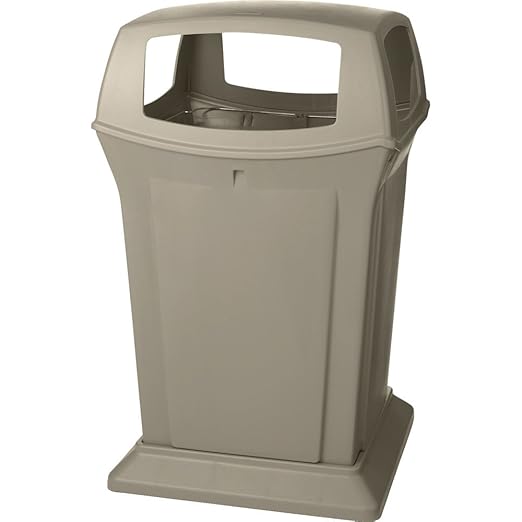 Rubbermaid Commercial Products Ranger Trash Can with 4 Opening Lid, 45 GAL, Beige Plastic, Outdoor for Stadiums/Parks/Shopping Plazas