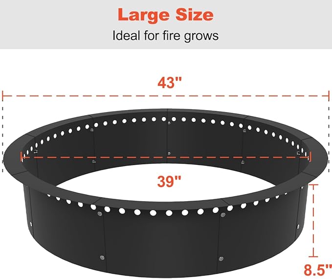 Koutemie Outdoor Smokeless Fire Pit Ring Liner 43-Inch Outer/39-Inch Inner Diameter, Heavy Duty Solid Metal Steel Round Firepit Rim Insert for Outside DIY Campfire Ring Above or In-Ground, Black