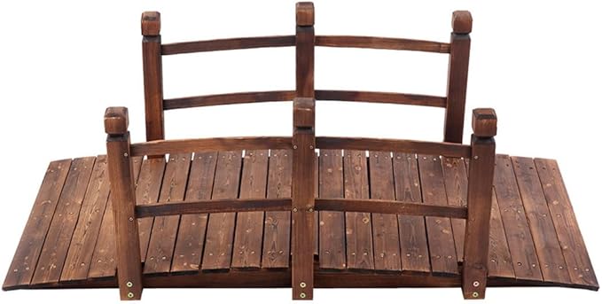 5FT Wooden Garden Bridge with Railings, Carbonized Fir Wood Arch Footbridge, Decorative Outdoor Pond Bridge for Yard Garden Backyard Patio Farm, Brown