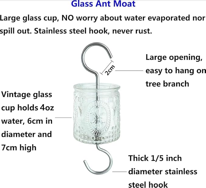 4OZ Vintage Glass Ant Moat for Hummingbird Feeder 4 OZ Large Capacity Stainless Steel Hooks (Clear)