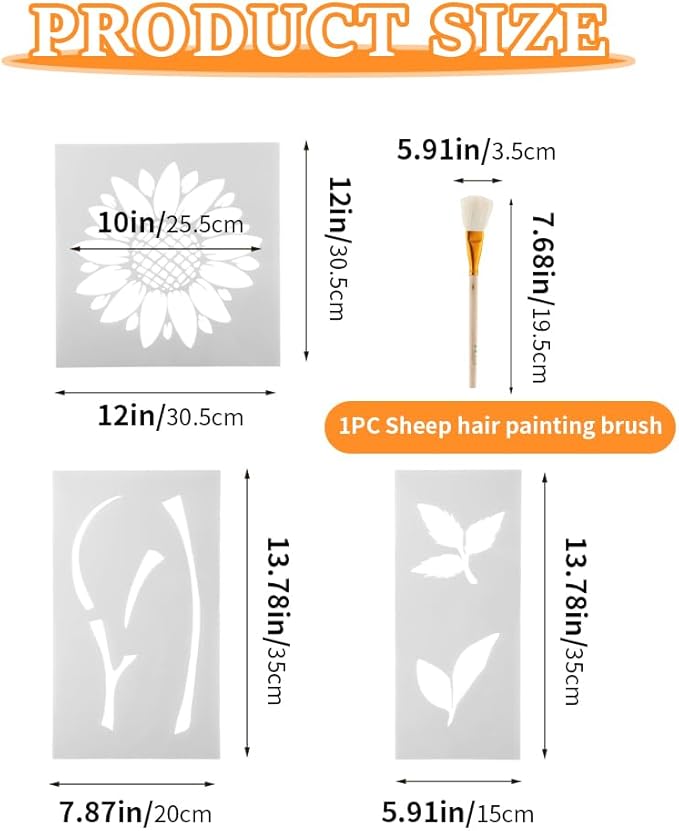 10PCS Large Flower Stencils for Painting, Wall Stencils for Painting, Giant Wall Stencil with Brushes Sunflower Floral Fence Stencil for Walls Garden Fence Furniture