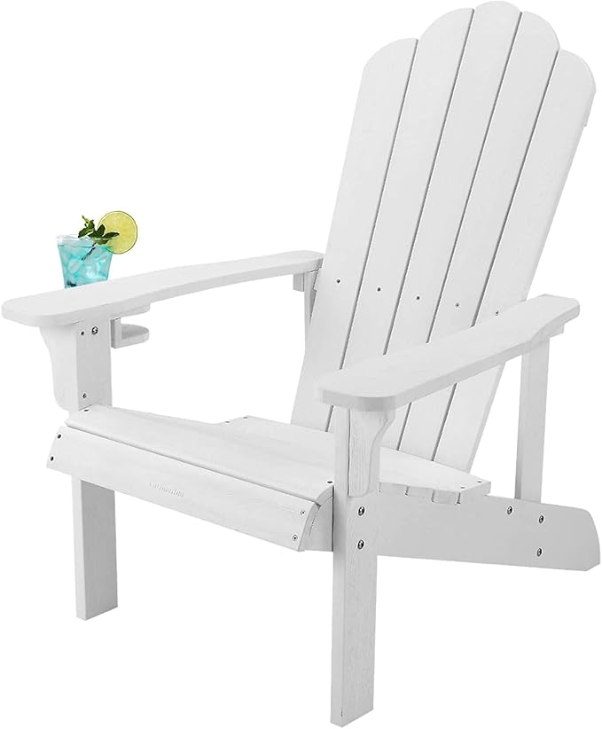 Adirondack Chair Weather Resistant , Hard Plastic Adirondack Chair with Cup Holder, Comfortable Easy to Assemble and Maintain, Outdoor Chair for Patio, Backyard Deck, Fire Pit Lawn Porch - White
