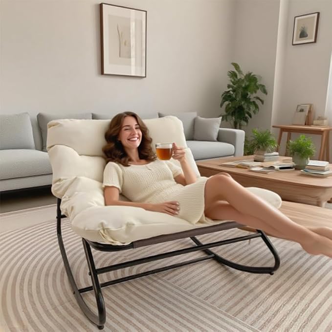 Outdoor Papasan Rocking Chair with Cushion, Oversized Patio Lounge Rocker, Heavy Duty 350 lbs Capacity, Comfortable Indoor & Outdoor Chair for Garden, Lawn, Bedroom, Living Room, White