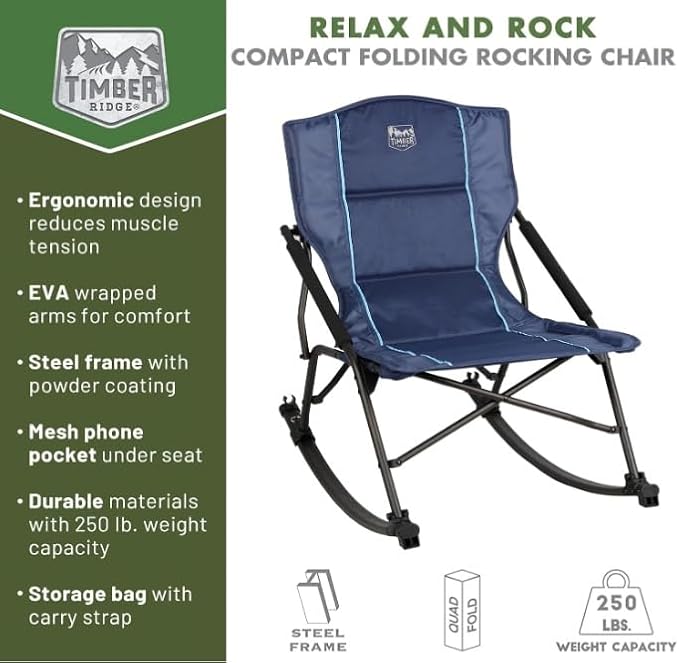 Timber Ridge Folding Rocking Camping Chair - Portable Outdoor Rocker Chair with Carry Bag - Supports 250 lbs