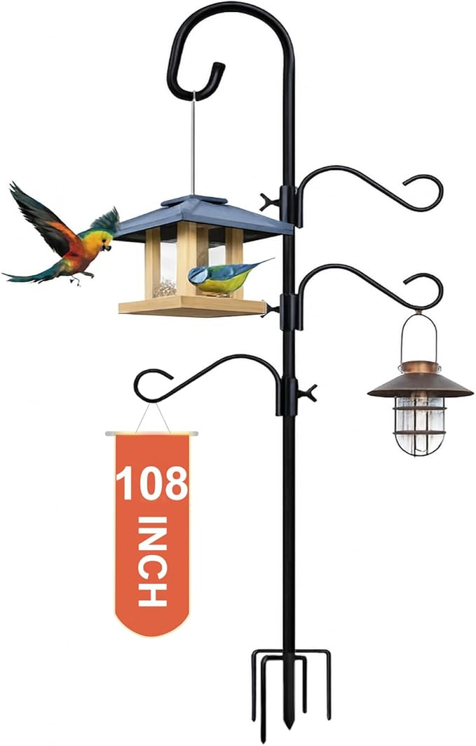 Shepherds Hooks for Outdoor Heavy Duty, 108 Inch Adjustable Bird Feeder Pole with 5 Prong Base, Hummingbird Feeder Stand and Plant Hanger for Garden, Lanterns & Wind Chimes