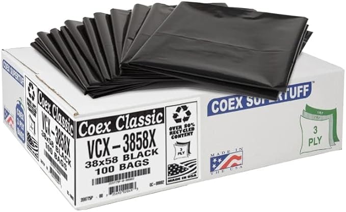 Aluf Plastics - Value COEX 3 Ply Garbage Bags, 55-60 Gallon, 1.5 Mil (eq), 38"x58", Black, 400 Count