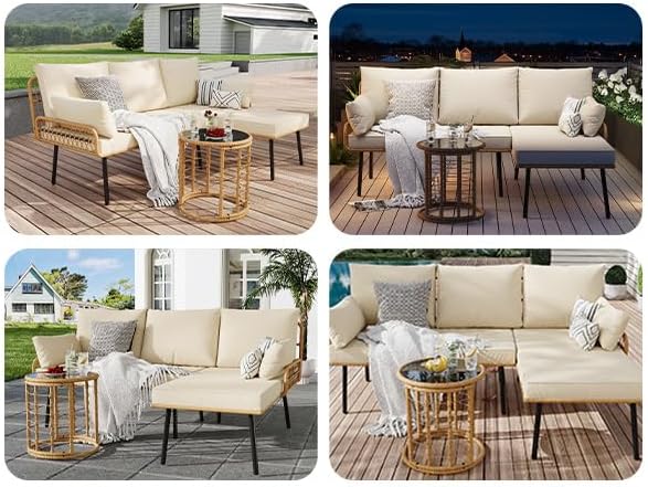 IDEALHOUSE 3-Piece Patio Furniture Set, All Weather Rattan Sofa with Tempered Glass Coffee Table and Thick Cushions, Sectional L-Shaped Patio Furniture for Deck, Poolside, Backyard, or Porch, Beige