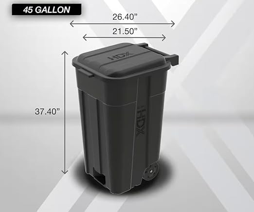 TuffCan 45-Gallon Heavy Duty Outdoor Trash Can with Wheels and Attached Lid, Black