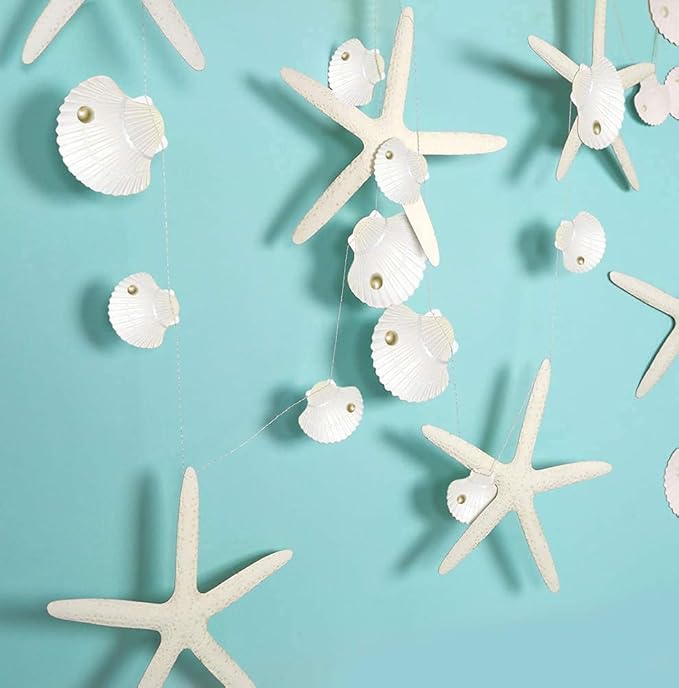 Decor365 White Finger Starfish Sea Shell Garland Ocean Coastal Nautical Party Decoration Starfish Cutouts Hanging Bunting Banner Under The Sea Mermaid Wish Birthday Beach Wedding Decor