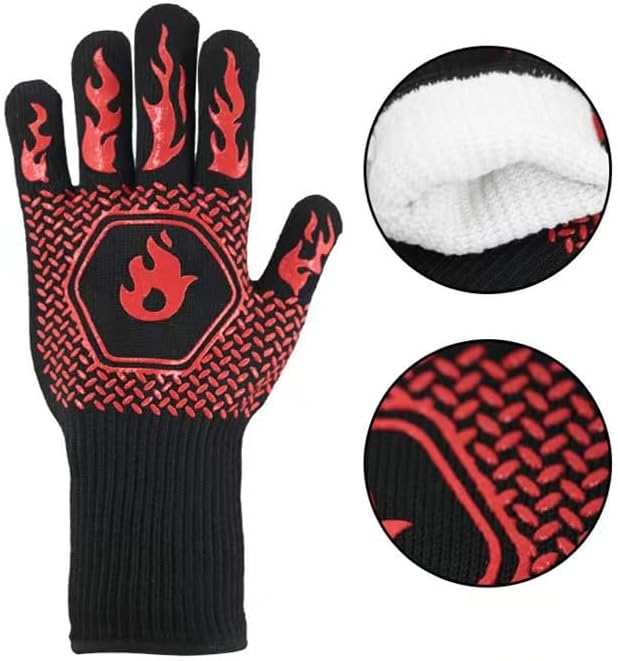 BBQ Grill Gloves Heat Resistant 1472℉ High Temp Resistance Fireproof Glove for Grilling Smoking Barbecue Washable Long Oven Extreme Hot Proof Mittens for Kitchen Baking (Red)