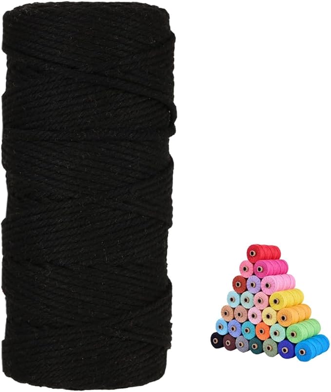 flipped 100% Natural Macrame Cotton Cord,3mm x109 Yard Twine String Cord Colored Cotton Rope Craft Cord for DIY Crafts Knitting Plant Hangers Christmas Wedding Décor (Black, 3mm*109yards)