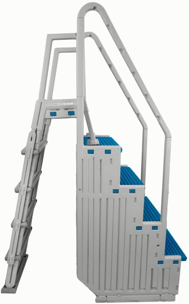 Confer Plastics Step-1X with 8000X Ground to Step Ladder: Above Ground Entry System, Dual Handrails, Slip-Resistant Steps, Supports 300 lbs, Easy Install – Made in USA, White with Blue Step-1