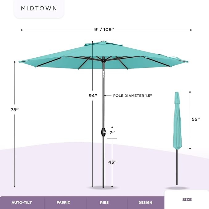 Midtown Umbrellas - 10-Year-No-Fade 9 Ft Patio Umbrella with Terylast Fabric, Auto-Tilt Aluminum Frame and 8 Reinforced Ribs for Deck, Pool, Garden & Beach - Off White Canopy, Black Pole