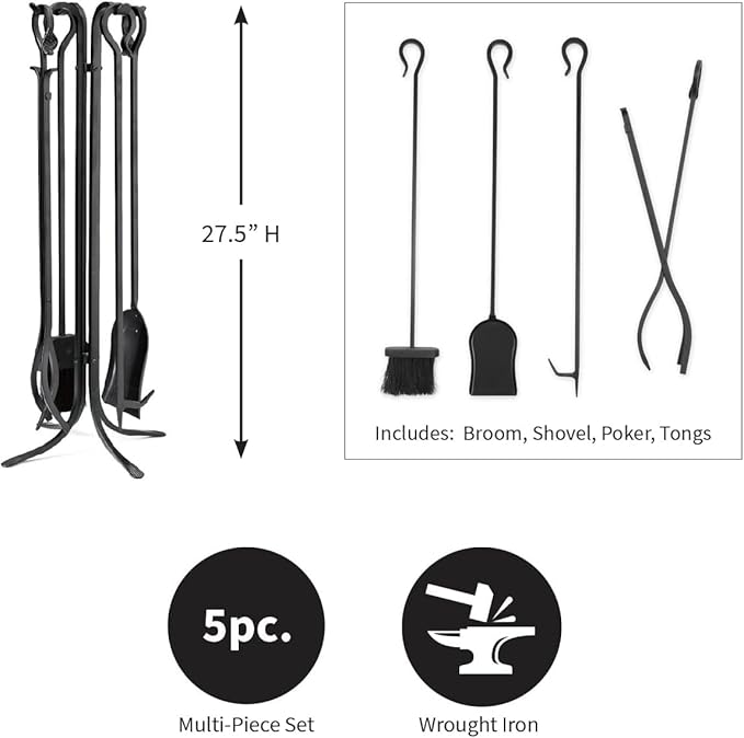 Plow & Hearth 5 Piece Hand Forged Iron Compact Fireplace Tool Set 27.5" | Black Wrought Iron Handle for Outdoor Indoor | Stand Poker Shovel Brush Log Tongs Wood Stove Accessory